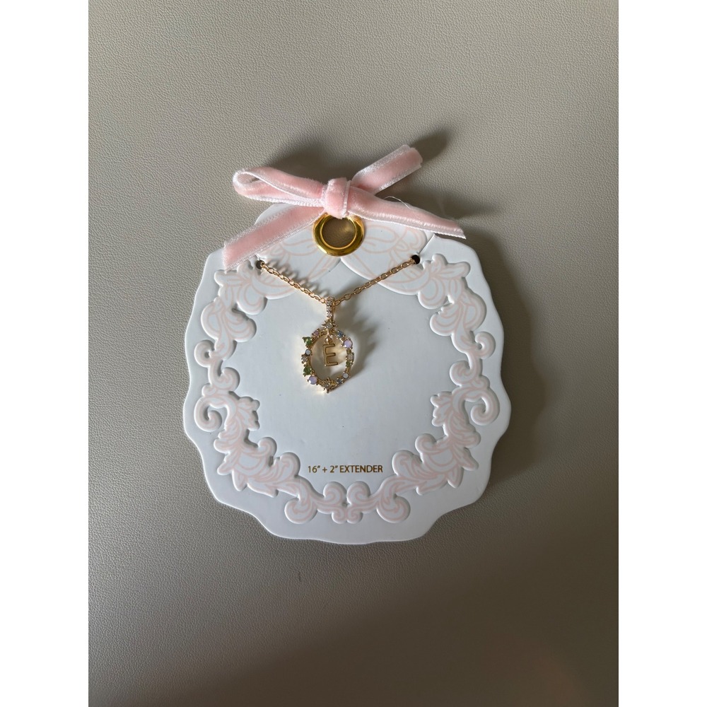 Initial E Gold Tone Oval Frame Pastel Stone Pendant Necklace 16in + 2in Extender
